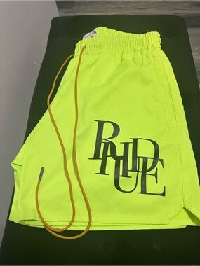 Rhude Neon Yellow Athletic Drawstring Shorts with Orange Cord swim shorts